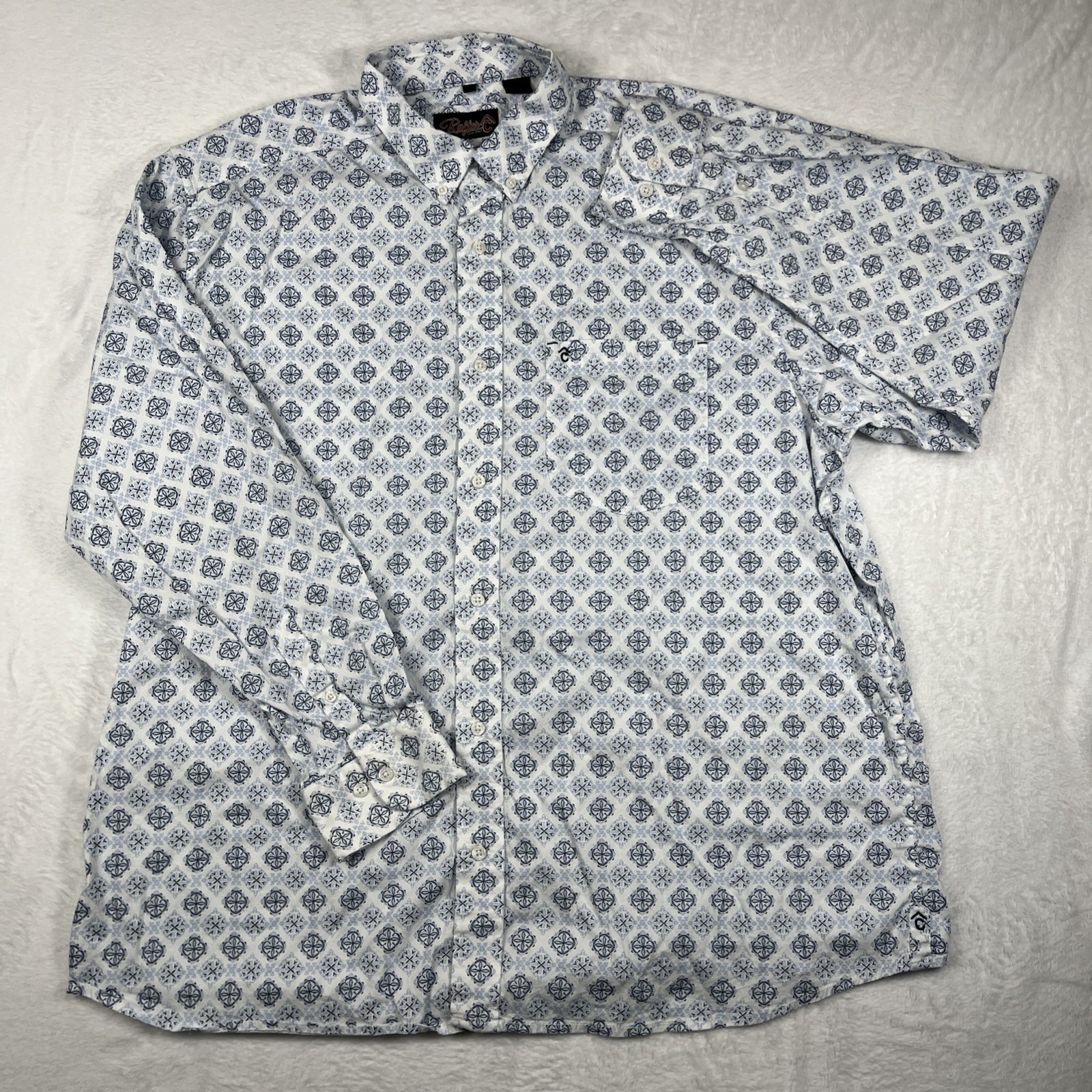 Rafter C Western Shirt Mens Xxl White Blue Geometric Button Down Pocket Cowboy